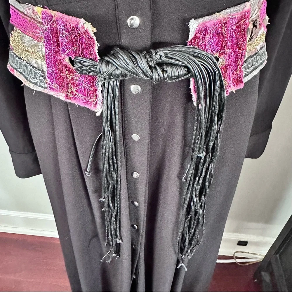 Artisan Floral Tapestry Tie Belt Pink and Black & Gold Accents Handmade Signed